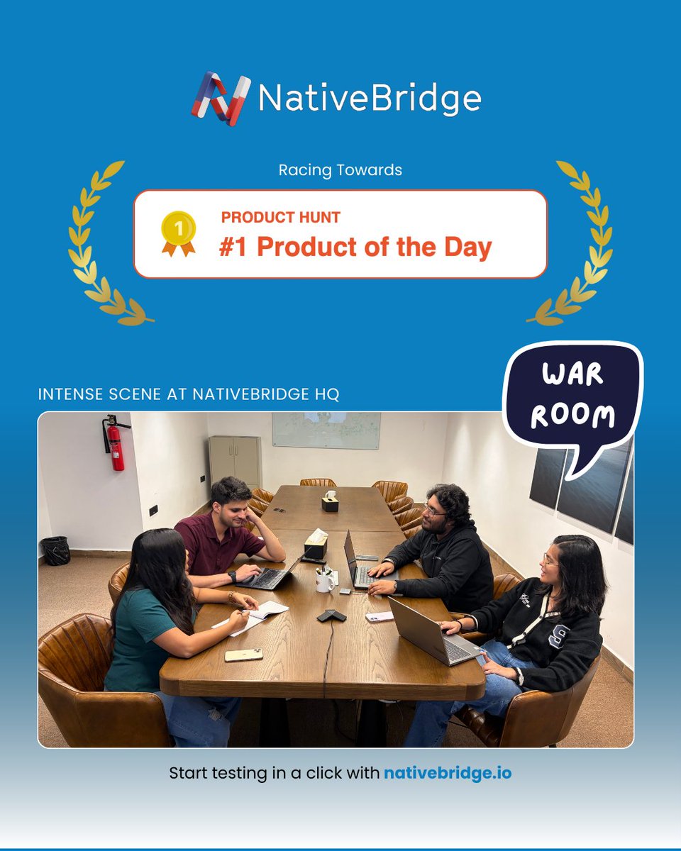 NativeBridge_io's tweet photo. War room mode: ON.
Goal: #1 Product of the Day 🏆

Months of building. One launch moment.
Let’s see how far this goes 🚀

👉 https://t.co/hXh4bVzsqY
#ProductHunt #StartupTwitter #BuildInPublic #SaaS #NativeBridge https://t.co/gwLEkAlfue