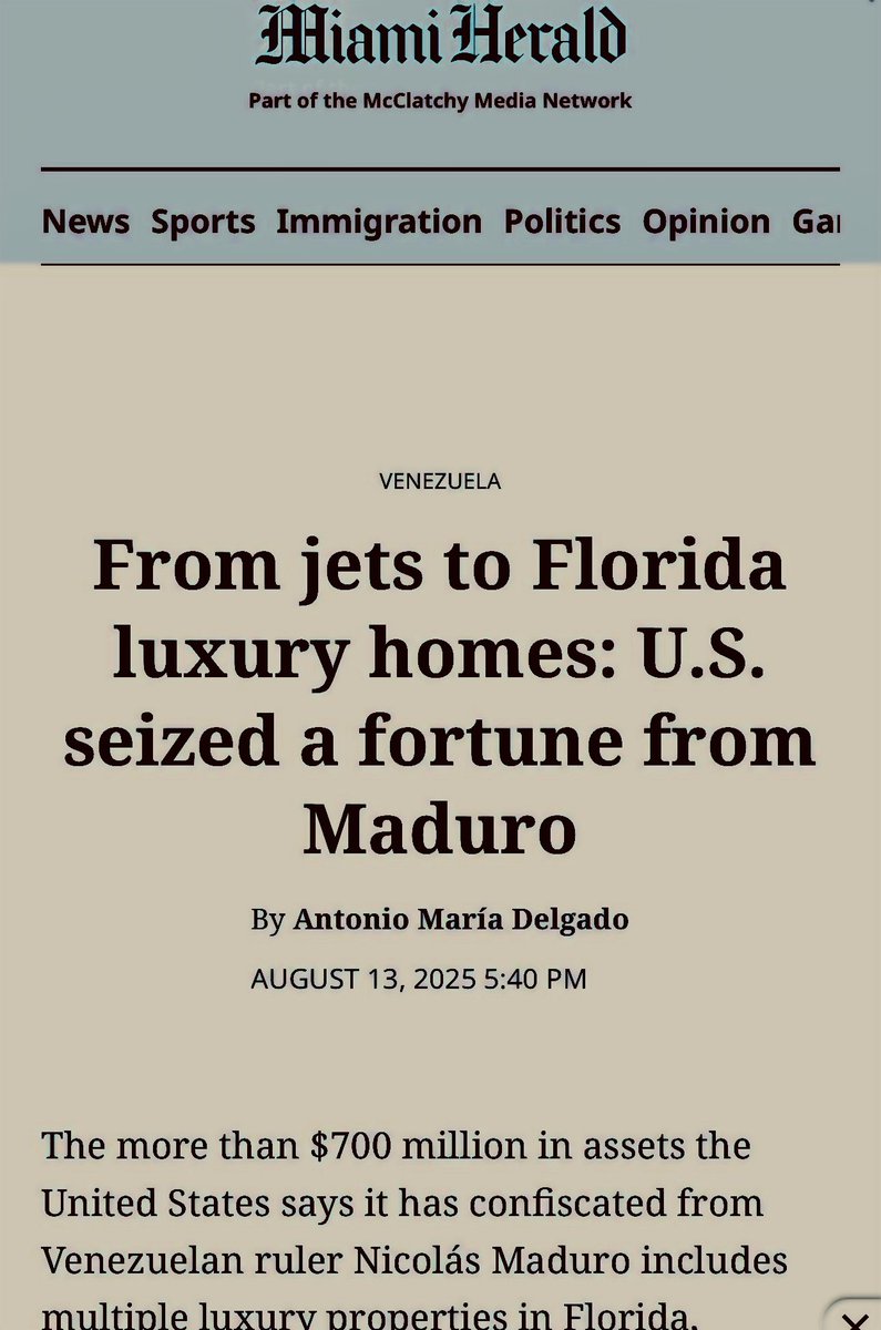 صباح الخير،

27 دولة أوروبية 🇪🇺 + سويسرا 🇨🇭

تُجمِّد وتُصادر ممتلكات رئيس فنزويلا وأسرته، لإعادتها إلى الشعب الفنزويلي…
ثروات تُقدَّر بالمليارات.

خلال يومين فقط،
تم اكتشاف عقارات باسمه في عدة ولايات أمريكية
بقيمة تتجاوز 700 مليون دولار.

كل هذه الثروة؟
حُصدت في 12 عامًا فقط منذ