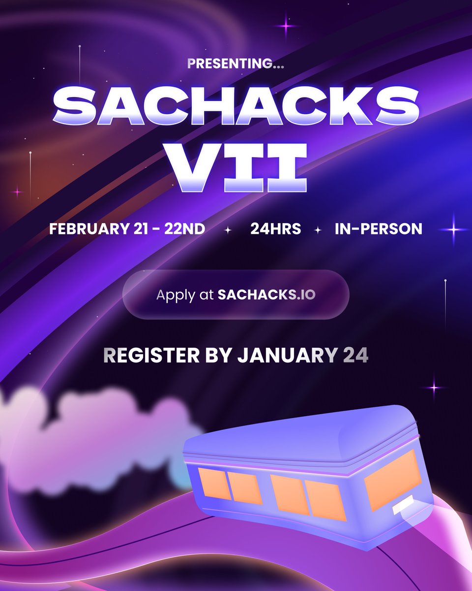 sachacks's tweet photo. 🌌 SacHacks VII Applications Are LIVE 💫

Work alongside industry mentors, collaborate with others, and compete for exciting prizes 🏆

🗓 February 21–22 | 📍 In Person
⏳ Applications close Jan. 24th 11:59 PM

Open to all majors/skill levels! 

🔗 Apply: https://t.co/Y0iHWqqDEe https://t.co/i9VxLbne4p
