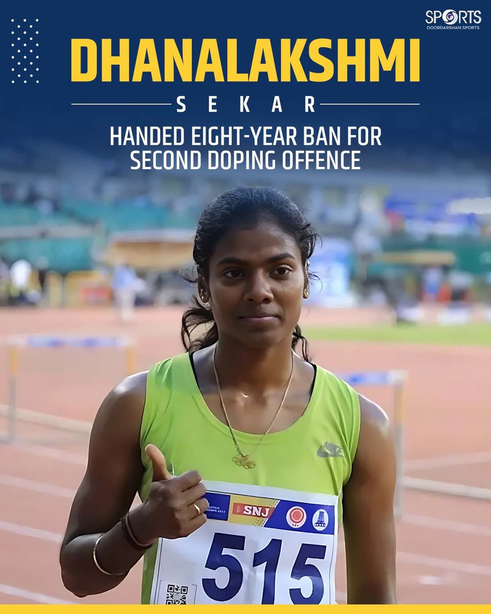 ddsportschannel's tweet photo. Indian sprinter Dhanalakshmi Sekar has been handed an 8️⃣-year ban by NADA after a second doping violation involving a banned steroid. ⚖️🏃♀️
#DhanalakshmiSekar #IndianAthletics #DopingBan #NADA #WADA #AthleticsNews
@Media_SAI @afiindia @IndiaSports https://t.co/XYnAmppoin