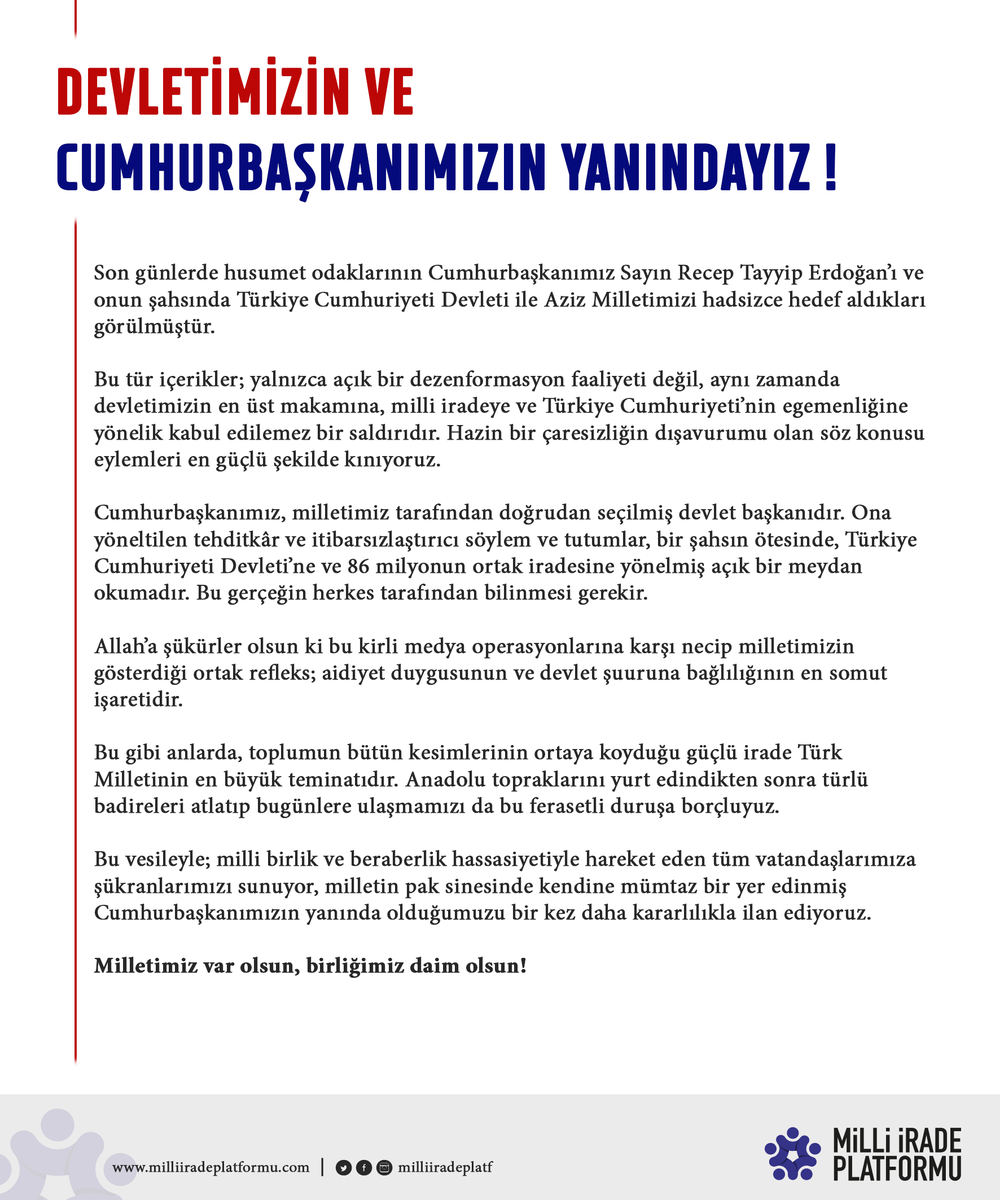 🇹🇷 DEVLETİMİZİN VE CUMHURBAŞKANIMIZIN YANINDAYIZ !

Cumhurbaşkanımıza ve Türkiye Cumhuriyeti'ne yönelik tehdit ve saldırılar, milli irademize ve egemenliğimize karşı açık bir meydan okumadır, bu tür eylemleri en güçlü şekilde kınıyoruz.

🔗 milliiradeplatformu.com/haber/2026/01/…