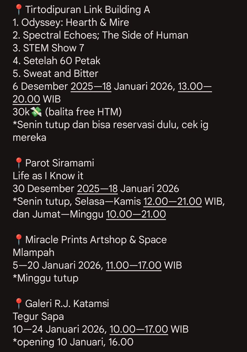 txtfromjogja's tweet image. List pameran seni di Jogja bulan Januari 2026👩🏼‍🎨👨🏼‍🎨🎨