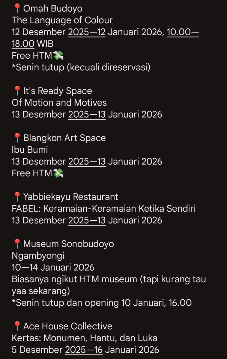 txtfromjogja's tweet image. List pameran seni di Jogja bulan Januari 2026👩🏼‍🎨👨🏼‍🎨🎨