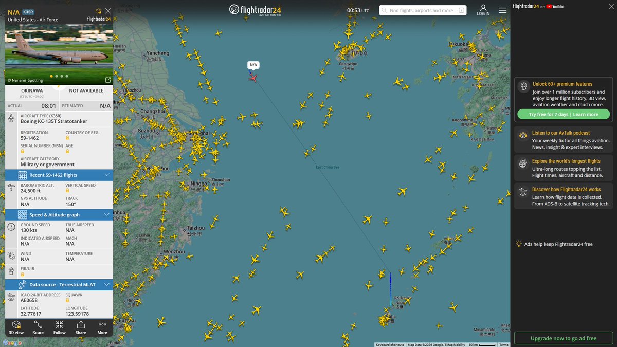 AIYeyENGDdJkjTr's tweet photo. Jan. 6, 2026
#Okinawa Kadena Air Base ==> #South Korea #West Sea
#NoCALLSIGN #AE01CB USAF RC-135W Rivet Joint
Refueling
#NoCALLSIGN #AE0658 USAF KC-135T Stratotanker https://t.co/VR7hNJ8ddb