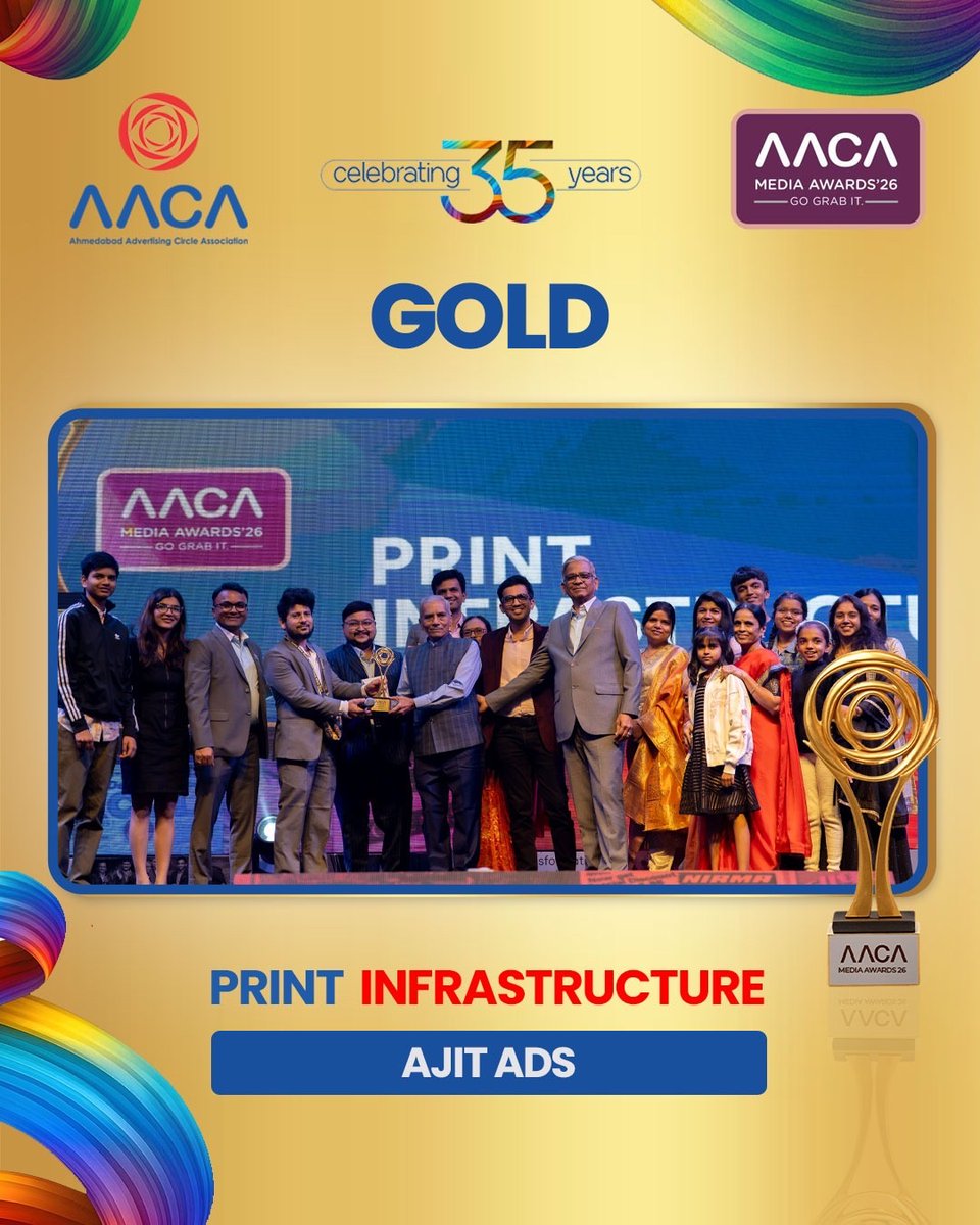 AACAAHMEDABAD's tweet image. Congratulations to Ajit Ads for winning Gold in Print – Infrastructure at the AACA Media Awards 2026.

#AACAMediaAwards #GoldWinner #PrintInfrastructure #AjitAds #FestivalOfAdvertising