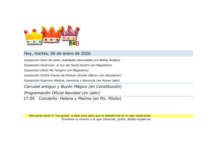 🗓️ Hoy,  06/01/2026, en Jaén Capital....
📍 Más info en enjaen.es
#jaén #enJaen #cultura #eventos