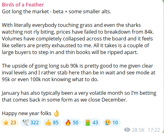CryptoMelon365's tweet photo. 传奇交易员鸽子已经平掉了他在12月26号开的大部分仓位

下面是他在12.26发的tg

已做多市场 - 买了比特币 + 一些小市值山寨币。 现在基本上所有人都在休假，连大户们都在观望而不太出手，价格未能跌破84k。各个币种的交易量都已完全萎缩，在我看来卖方已经相当疲惫了。只需要几个大买家入场，薄弱的订单簿就会被瞬间拉爆。 对我来说，在90k以下做多的上行空间相当不错，因为有明确的止损位，我宁愿在这里出手，也不想在95k甚至100k的时候处于观望模式不知道该怎么办。 一月份通常也是波动性很大的月份，所以我打赌随着12月结束，波动会以某种形式回归。

下面是他1月6日发的，也就是今天
已平仓大部分仓位，只保留核心比特币多单 - 94k是我建仓时的原始目标位，对于从这里到100k之间会怎么走，我已经没那么确定了。 突破100k之上就又是新的游戏了，但在那之前，我满足于锁定盈亏来开启新的一年，并重新评估市场强度。