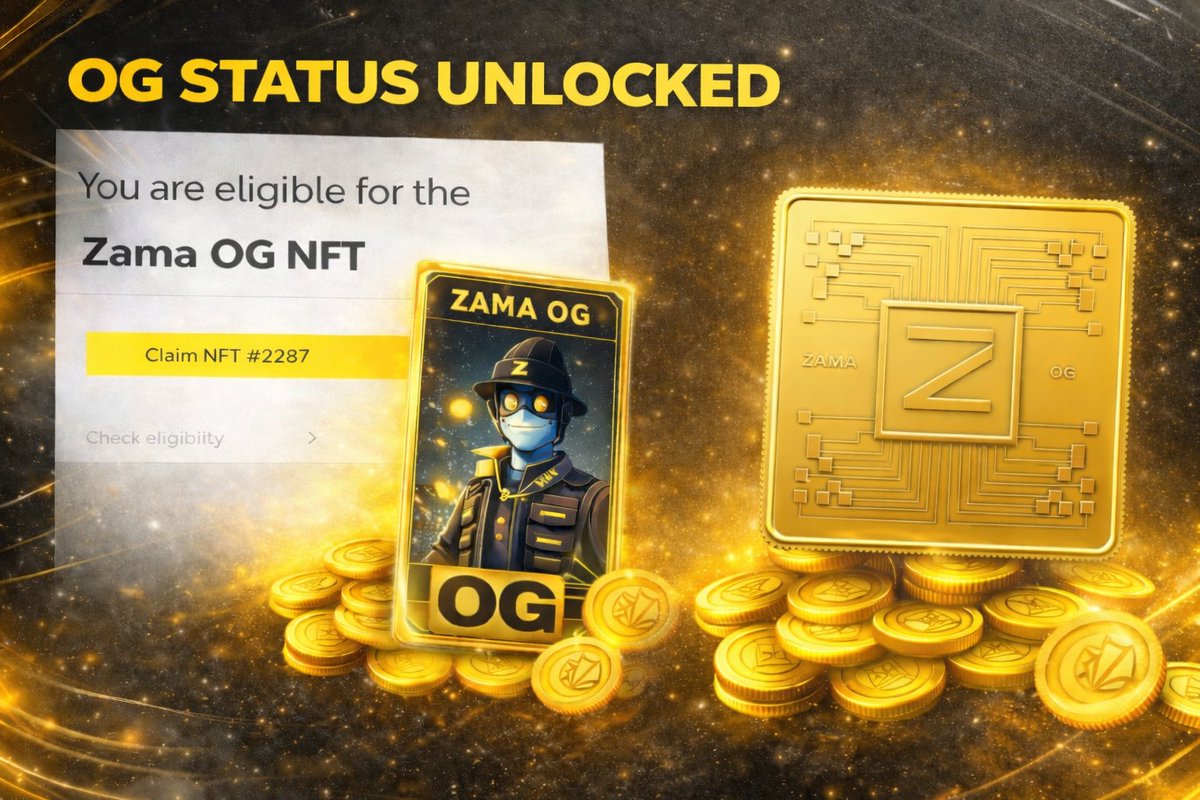✌️@Zama OG NFT claimed (Dev program) 

Perks:-
• Chance to participate in the sale at $55M FDV
• 5% bonus in the auction
• OG supporter status in the Zama ecosystem
• Potential future utility tied to OG status

Did you claim yours yet? 👀🚀