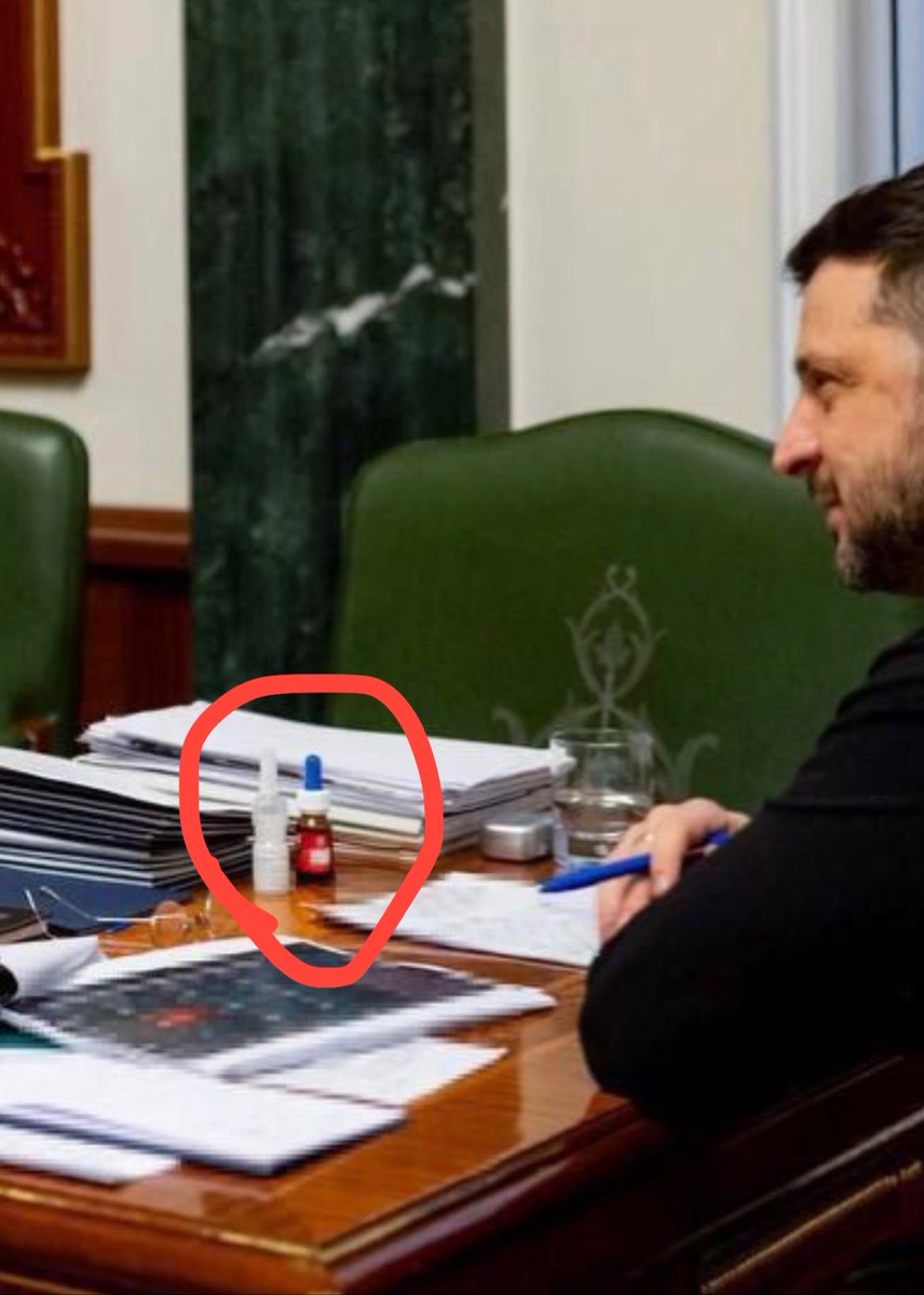 The drug on Zelensky’s table is “Mili Nosik” drops.

These are children’s drops with phenylephrine — a sympathomimetic aminophylline-type substance that causes constriction of blood vessels in the nose.

Constriction of the blood vessels reduces blood filling of the
