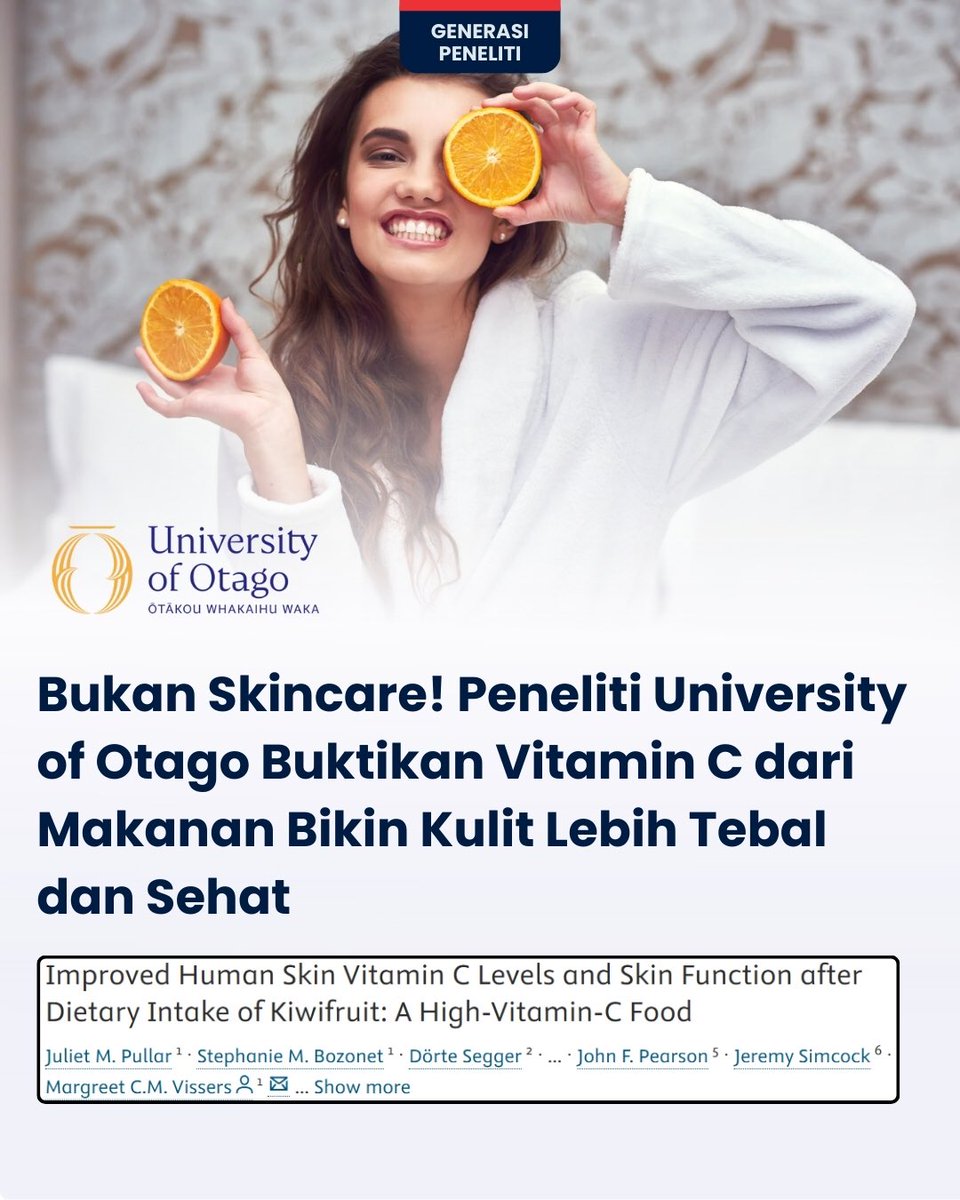 GenPeneliti_'s tweet image. Peneliti dari University of Otago, Faculty of Medicine – Christchurch Ōtautahi menemukan bukti kuat bahwa konsumsi vitamin C dari makanan secara langsung dapat mengubah kondisi kulit secara fisik, bukan hanya secara kosmetik.

source: otago.ac.nz

#Vitamin #Kulit