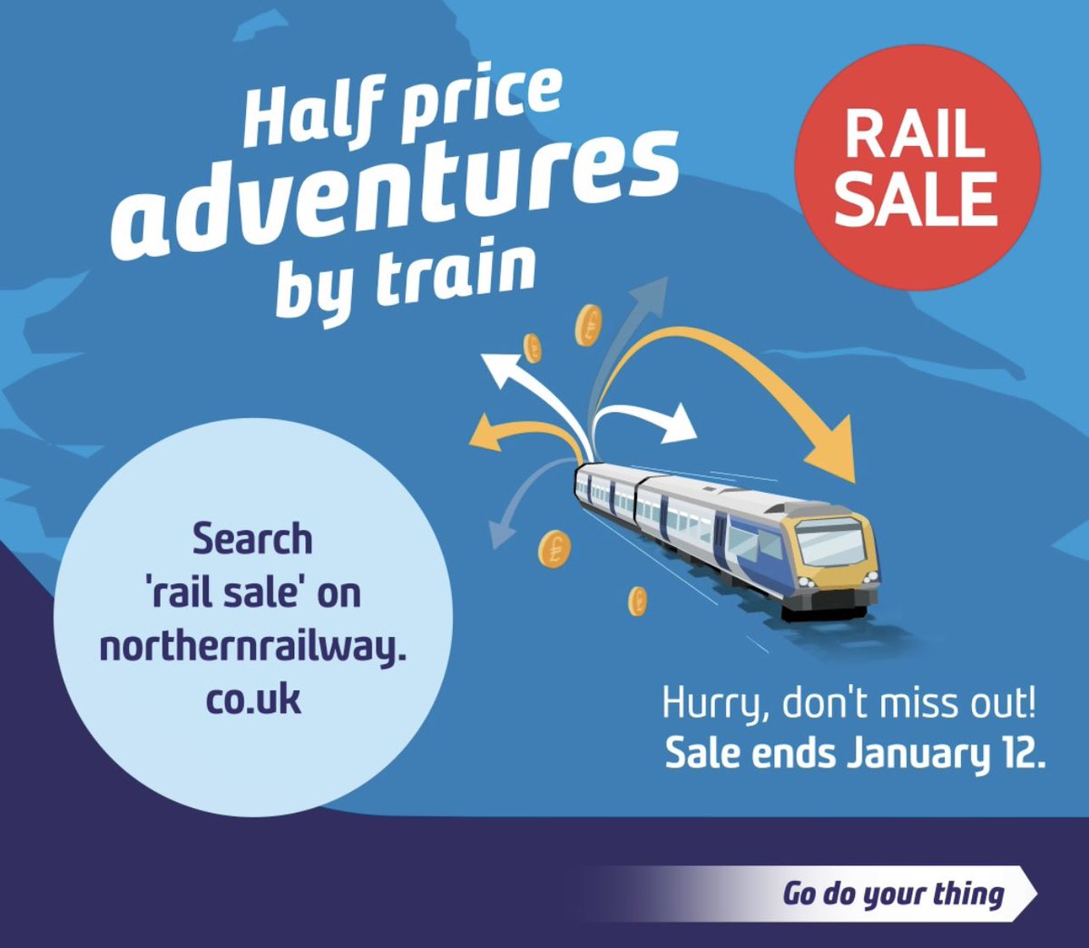 alexhornbyrail's tweet photo. 💥 It’s back - the #RailSale is slashing prices to start the year, with many fares half price meaning you can travel between some towns and cities across the north for as little as £1.
ℹ️ More info and to buy online now 👉 https://t.co/jVVz3DINhS https://t.co/7mdSFIc4Y1