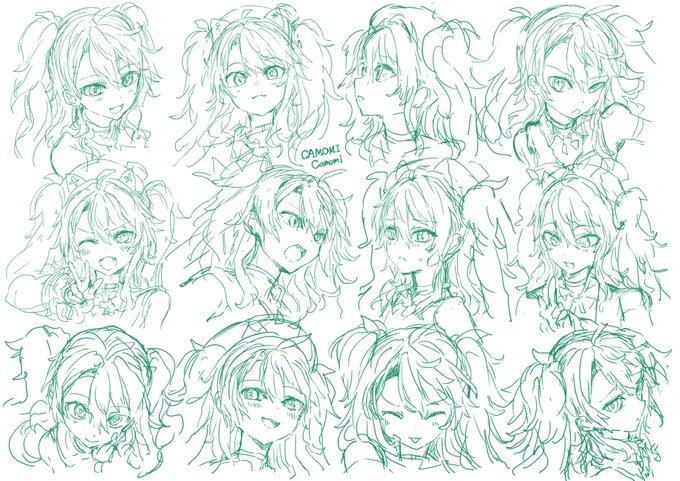 ラフとペン入れ・彩色後の比較 こういうのは1枚絵とは異なる回路で描いてるんだけど、情報量がズラリと増えてきたときにやってくる俯瞰的な充実感がとても楽しい。