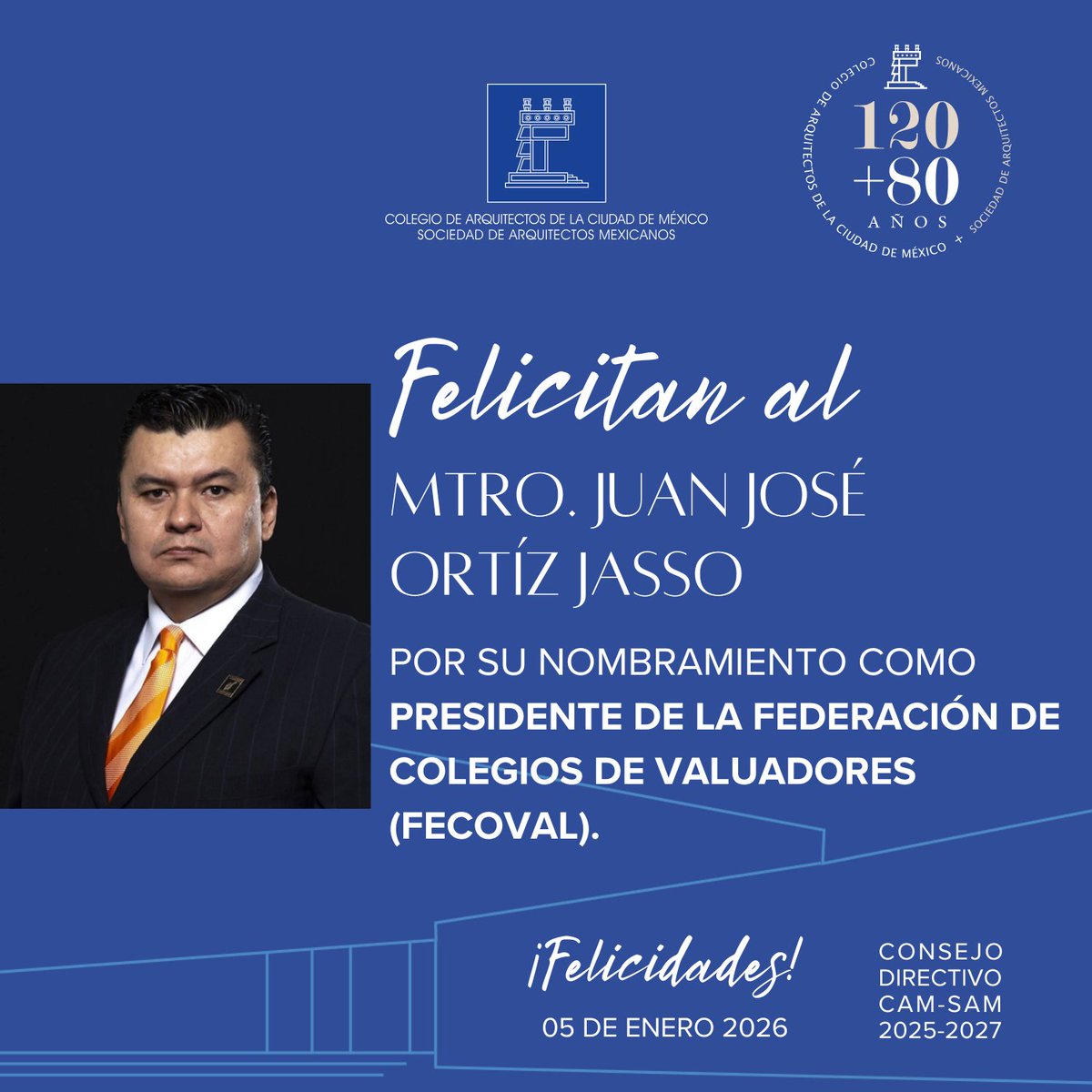 colegiodearqs's tweet photo. El #CAMSAM felicita al Mtro. Juan José Ortíz Jasso por su nombramiento como Presidente de la @FECOVAL_AC
Su trayectoria, ética y liderazgo fortalecerán al gremio y la valuación en México.
¡Éxito en esta nueva encomienda!
#CAMSAM #FECOVAL #Felicitación #120más80 https://t.co/5onfqpPahg