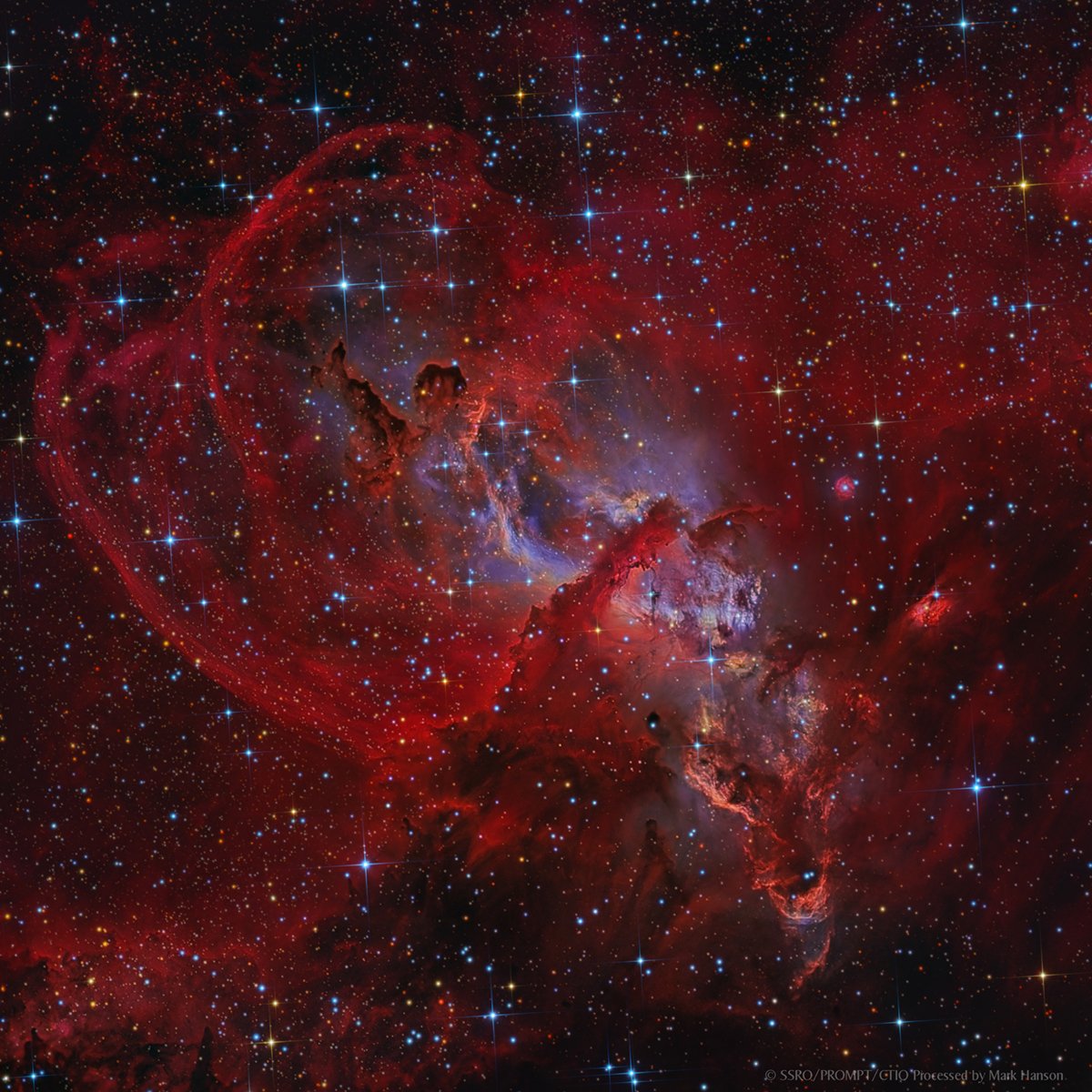 NGC 3576 (Ibex Nebula) is a beautiful emission nebula located about 9,000 light years away in Carina. Situated near the Southern Cross, the nebula is known for its prominent, curving arcs of glowing gas and dust that resemble the horns of an Ibex. 📷 Hanson Photography #NGC3576