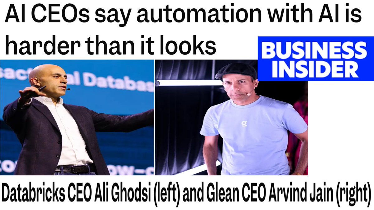 Glean CEO Arvind Jain and Databricks CEO Ali”. Ghodsi said” “that companies  need to temper expectations about how quickly and easily AI can be  deployed.” When CEOs of #AI suppliers say this,