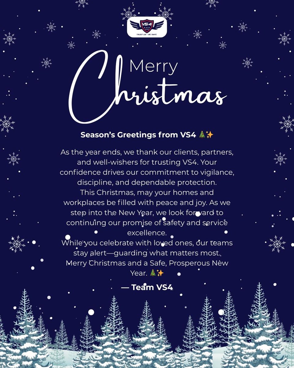 VS4Security's tweet photo. As you celebrate the joy of Christmas, our commitment to your safety never takes a break.
Wishing you peace, happiness, and a secure New Year ahead. 🎄✨
#MerryChristmas #VS4 #SeasonGreetings #TrustedSecurity #AlwaysOnDuty #SafeCelebrations #SecurityServices https://t.co/2mLMcp5Is0