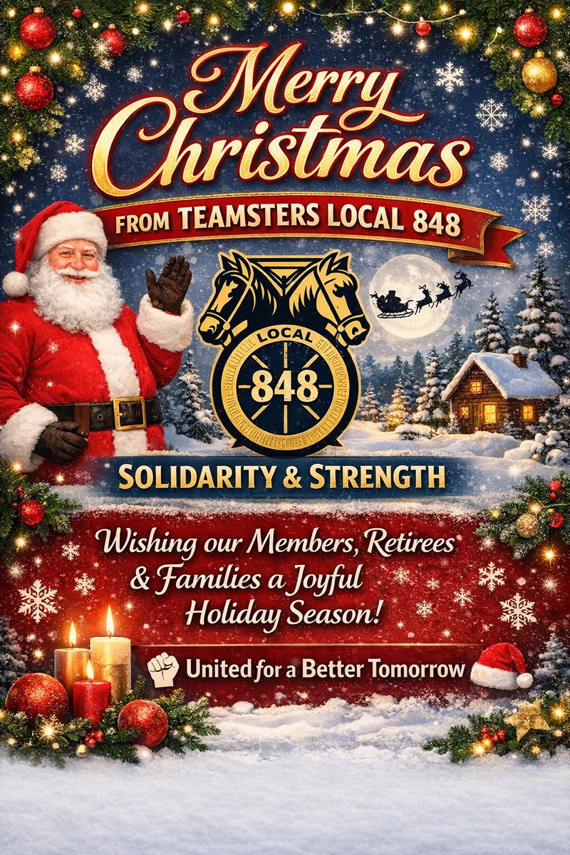 Teamsters848's tweet photo. Wishing our members, families, retirees, and supporters a peaceful, joyful holiday season. Thank you for the strength, solidarity, and commitment you bring all year long.

Here’s to rest, reflection, and a strong year ahead. ✊🎅 https://t.co/1g7gBLU0eB