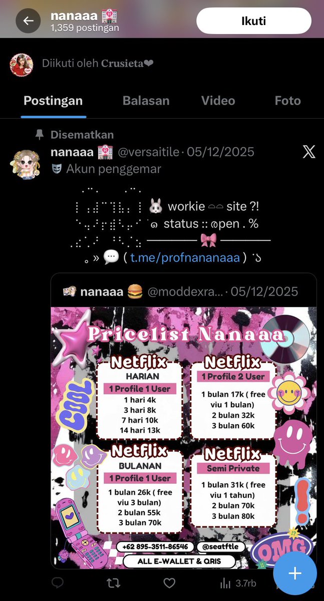 pinkymowchi's tweet image. gaiss, minta tolong rt yaa. aku mau spill tukang resell netflix, dia salah satu ress yang join di fh yang aku join juga. ownernya ngerasa ada yang ga beres sama akun net harian kok pas dicek banyak banget device login, ternyata oh ternyata diresell sama nih orang.

895-3511-86546