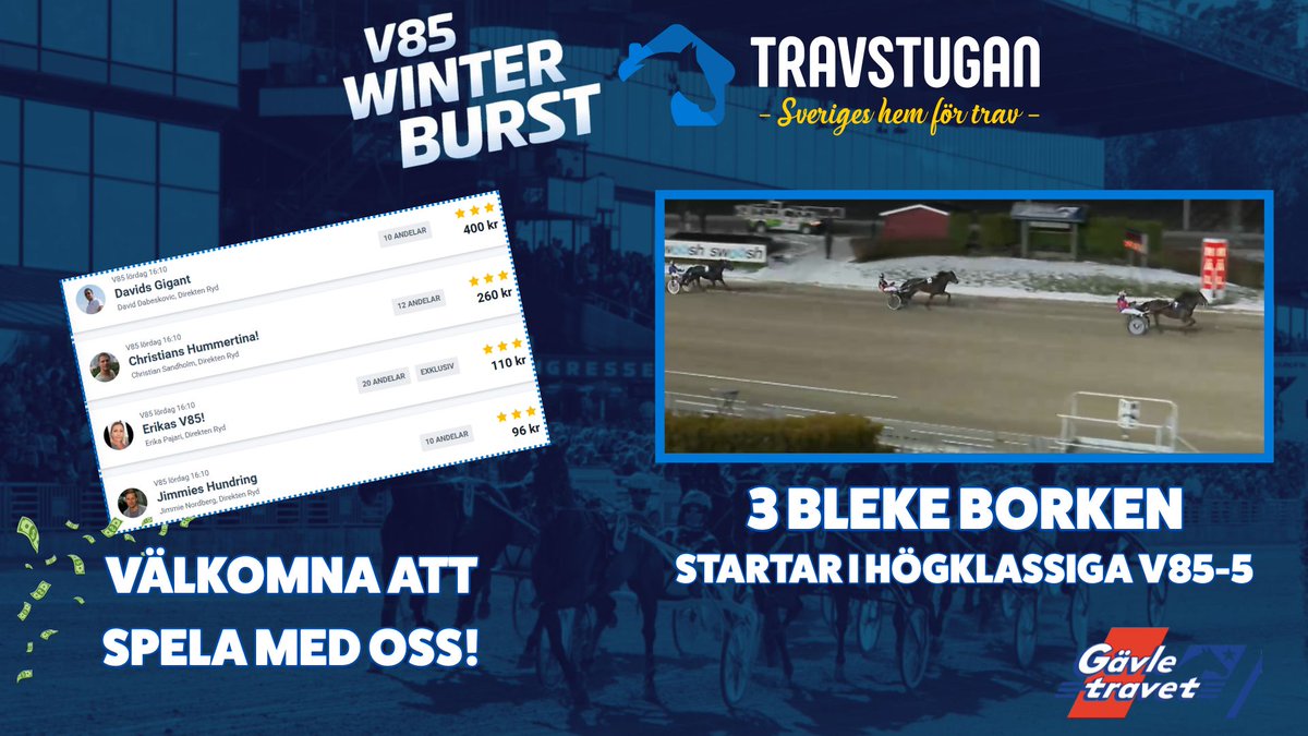 𝗚Ä𝗩𝗟𝗘 𝗠𝗘𝗗 𝗗𝗔𝗚𝗘𝗡𝗦 𝗩𝟴𝟱 😃

🐴En av behållningarna blir Kallblodsdivisionens final i V85-5 med Bleke Borken mot flera toppkonkurrenter

🔔𝗦𝗧𝗔𝗥𝗧 𝗞𝗟 𝟭𝟲:𝟭𝟬 - 𝗠𝗢𝗧 𝗔𝗡𝗗𝗘𝗟𝗔𝗥𝗡𝗔 👉 atg.se/direktenryd/V8…
