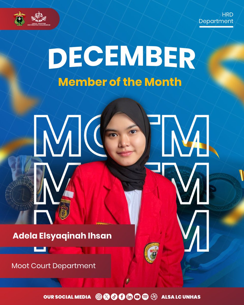 Warmest Greetings, ALSAians!

We're delighted to announce that Adela Elsyaqinah Ihsan from Moot Court Department has been chosen as a Member of the Month for December!