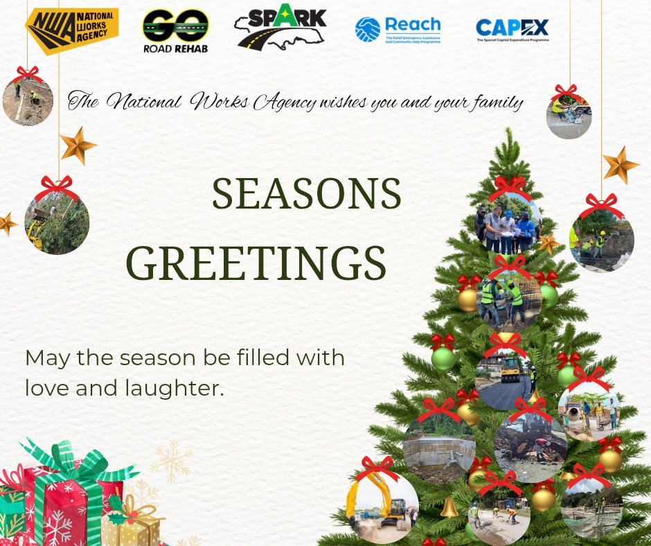 The National Works Agency wishes you and your family Seasons Greetings 🎄

However you celebrate, may the season be filled  with love and laughter.

#nwajamaica 
#SPARKJamaica 
#AskSpark 
#GoRoadJamaica
#Christmas2025