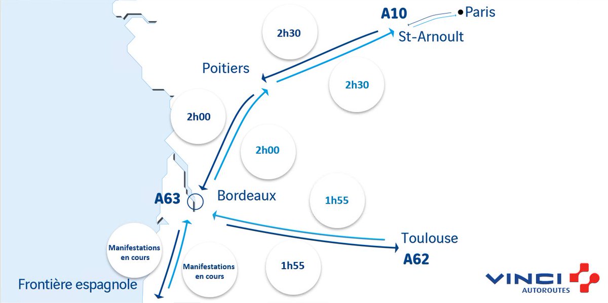#Infotrafic à 13h25 ⏱️ Vos temps de parcours sur <a href="/A10Trafic/">Autoroute A10</a>, <a href="/A62Trafic/">Autoroute A62</a> et <a href="/A63Trafic/">Autoroute A63</a>. #BienVoyager #A62
