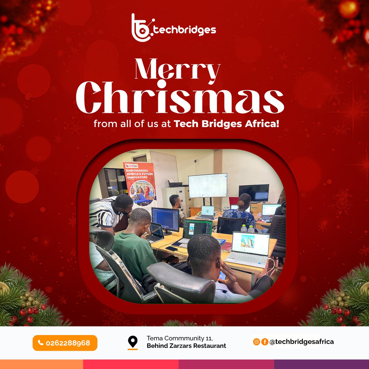 As we celebrate this season of joy, love, and giving, we want to say a big thank you to our students, partners, trainers, and community for being part of our journey this year.
Merry Christmas and a Prosperous New Year! 🎁🎉

#TechBridgesAfrica #MerryChristmas #TechInGhana #Tema