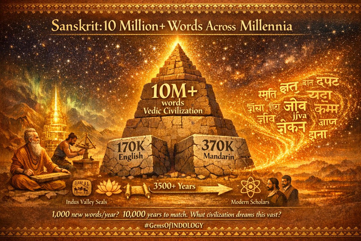 The DEAD language Sanskrit has 10 million words by conservative estimates.

If you coined 1,000 new words every year, you'd need 10,000 years to match it. English? 170,000 words. Mandarin? Around 370,000.

A linguistic architecture built across millennia, encoding knowledge