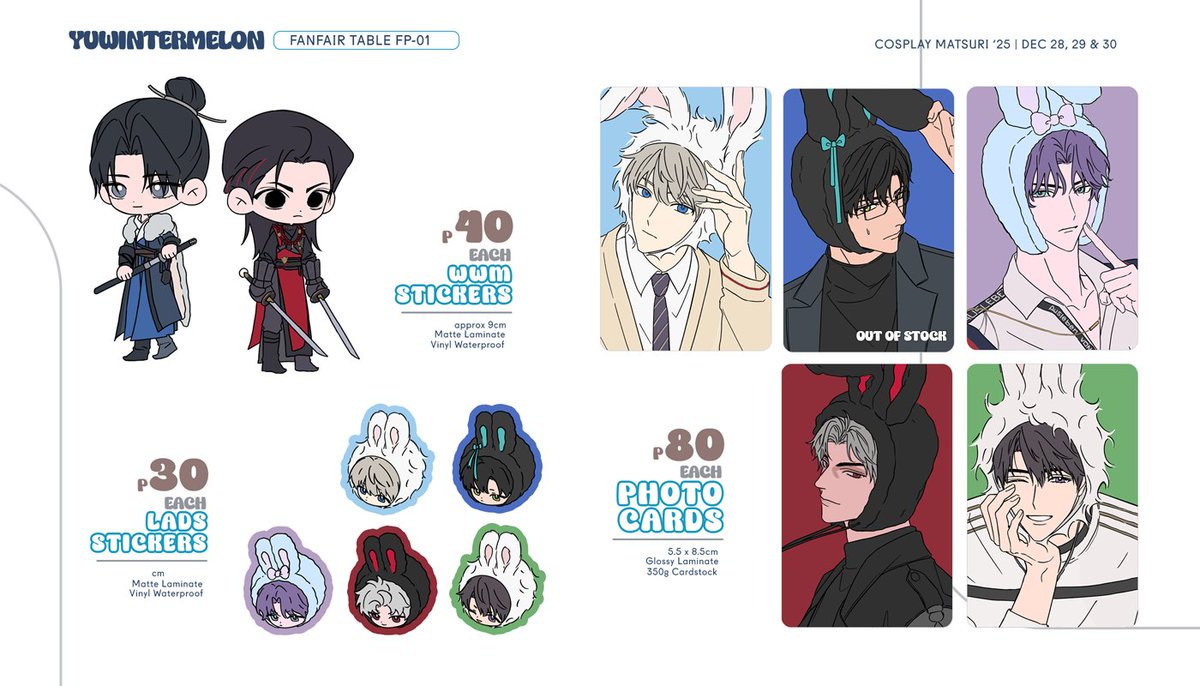 yuwintermelon's tweet image. [RTs💙] 

Here's my Catalogue for #CosplayMatsuri2025!
I will be with my friends Kane⭐️Hoshii FP01 !!

Merch are mostly Phainon☀️
I will also have sale for my old merch!!

Thank you for your interest 🥺💙

#fanfairatcosplaymatsuri2025 #CosMatsuri2025