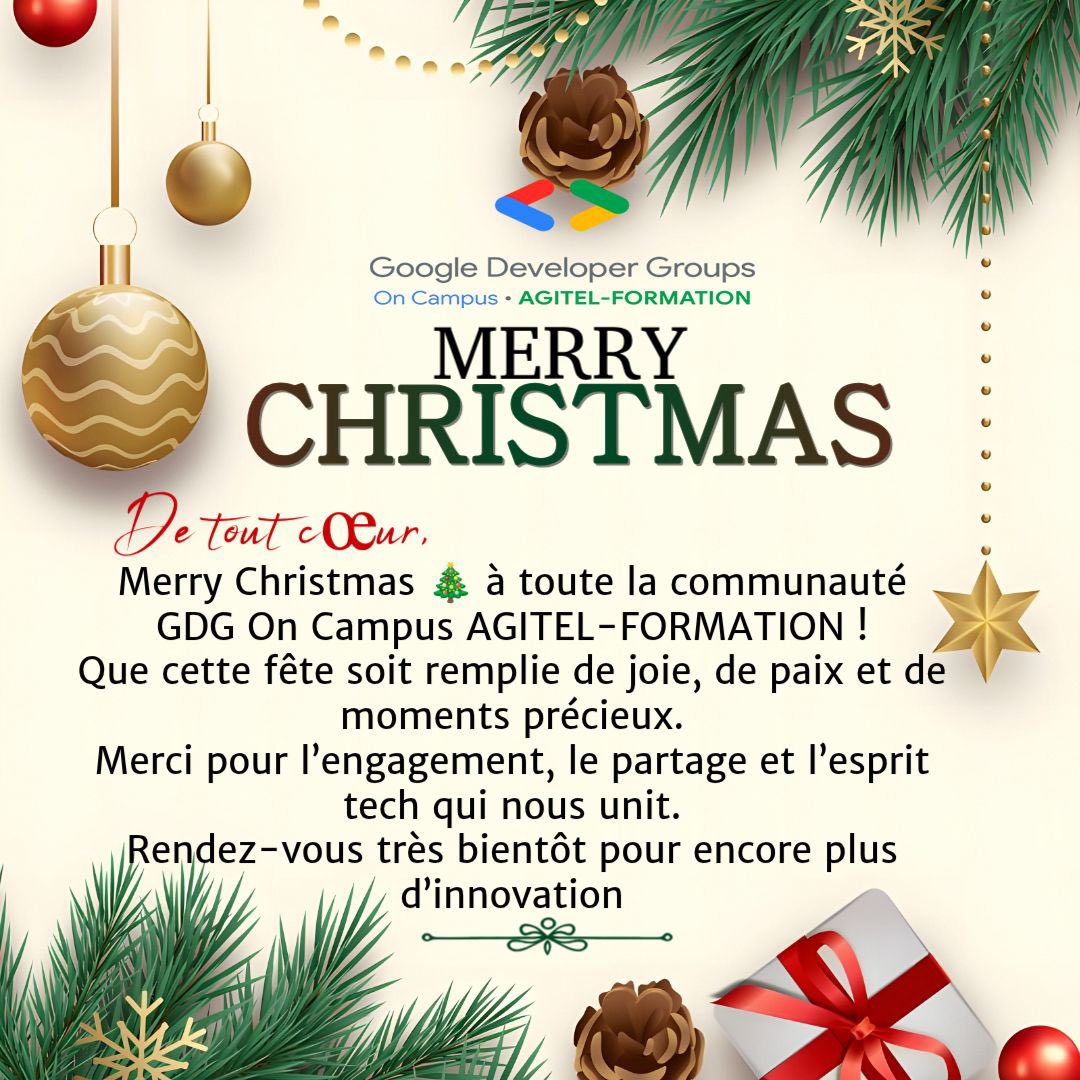 GDSCAgitel's tweet photo. 🎄 Merry Christmas à toute la communauté GDG!

Que votre Noël soit codé en HTML de joie,
stylé en CSS de paix,
animé en JavaScript de bonheur,
structuré en Java de réussite
et sécurisé en Python de sérénité.
Passez un Noël sans bugs,
avec des lignes de bonheur bien compilées.🎁✨ https://t.co/jIRLo47i1W