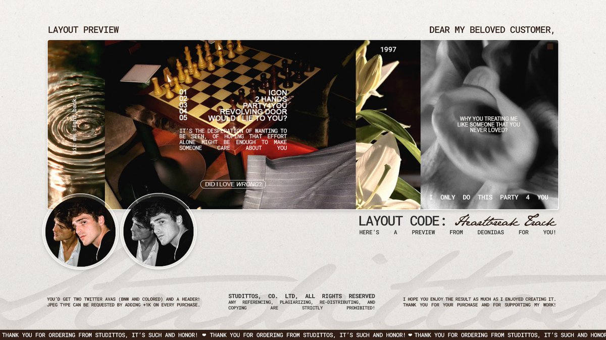 Help me to RT/REPOST this?

Selamat malam! Aku membawa 8 calon katalog/template layout yang akan aku jual nantinya, boleh tolong ospeknya? Jika ada kesamaan dengan BA lain, boleh tolong langsung DM aku secara baik-baik, ya!

Terima kasih banyak! 🤍

#ZONAUANG #ZONABA #ZONABU
