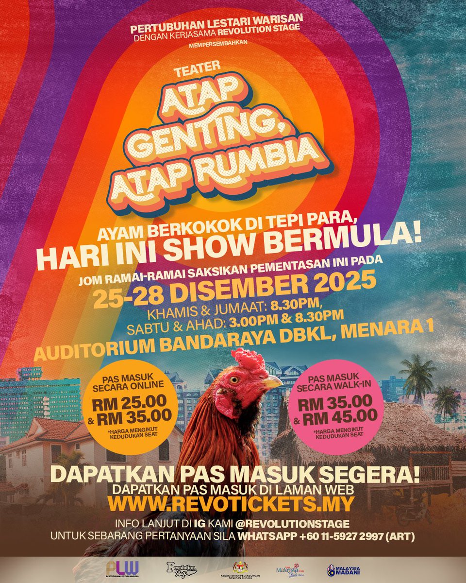 RevolutionStage's tweet image. Penat lelah persiapan pelakon dan krew berminggu-minggu lamanya, Teater #AtapGentingAtapRumbia akhirnya bakal direalisasi di Auditorium DBKL, Menara 1. Dapatkan Pas Masuk sekarang! 🎭

Tempah Pas Masuk Awal Online di revotickets.my !