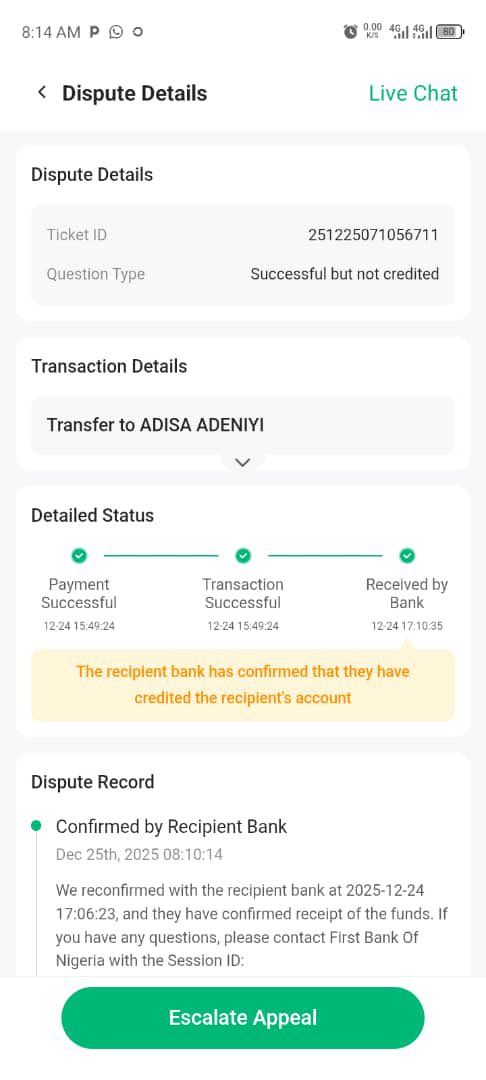 DubbeyD's tweet photo. @FirstBankngr A transfer was made to my account since yesterday and I’m yet to be credited. Bless check your DM, I send the session ID and all necessary details already. https://t.co/H0DSHBwZED