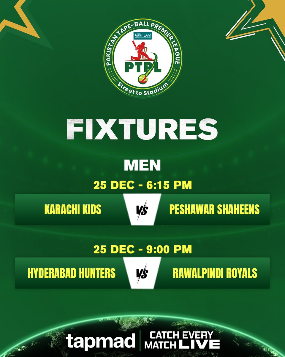 tapmadtv's tweet photo. Two big clashes of tape-ball action 🔥🏏Karachi Kids and Peshawar Shaheens face off, followed by a high-stakes battle between Hyderabad Hunters and Rawalpindi Royals. Who owns the spotlight? 👀⚡
Watch all the action live in HD and without ads only on tapmad!
#PTPL | #tapmad https://t.co/ASV0vGSln1