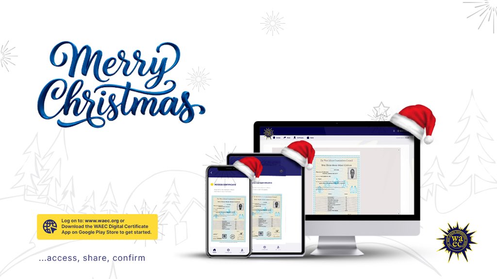 waecdigitalcert's tweet image. Wishing you a very Merry Christmas From all of us at The WAEC Digital Certificate Platform. (waec.org)
 #waec #certificate #exam #waecexam #reels #explore #waeccertificate