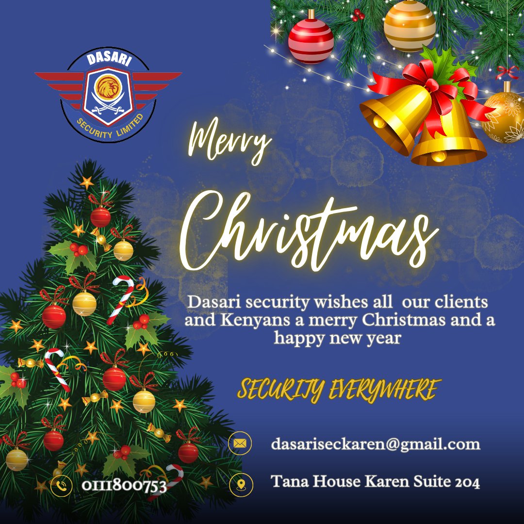 DasariSecurity's tweet photo. Season’s greetings from Dasari Security Limited.
We are grateful to have you as part of us. 
#MerryXmas 
#Christmas 
#HappyHolidays 
#SecurityEverywhere https://t.co/CSmJGGCyMF