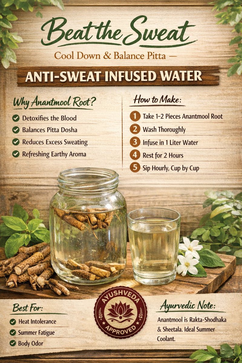 AwantikaGu84042's tweet photo. Beat the heat the Ayurvedic way.

This anti-sweat infused water with Anantmool helps cool the body, purify the blood, and balance excess Pitta, naturally reducing sweating and heat discomfort.

Simple. Seasonal. Time-tested.

Sip mindfully. Stay cool. 🌿

#AyurvedaLifestyle
#Anantmool
#BeatTheHeatNaturally