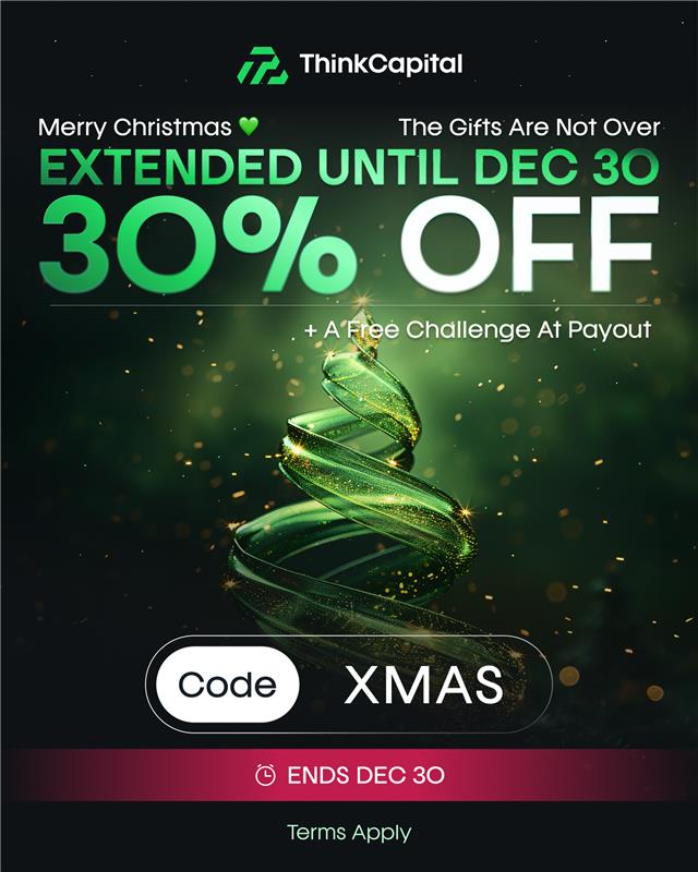 Merry Christmas 💚🎄

The gifts aren’t over yet.
Christmas promo EXTENDED.

30% OFF all challenges  
FREE challenge at payout  
Code: XMAS

Ends Dec 30.