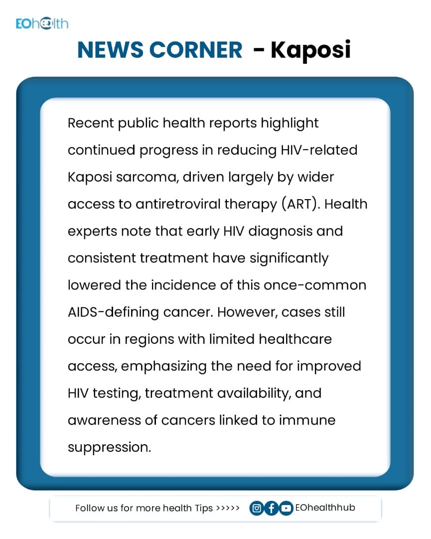 eohealthhub's tweet photo. Progress in HIV care is reducing Kaposi sarcoma cases, but access still matters.
Early testing + consistent ART save lives.
Healthcare equity remains key.
#HIVCare #KaposiSarcoma #PublicHealth #EOhealth #HealthEquity https://t.co/wz7XidddLH
