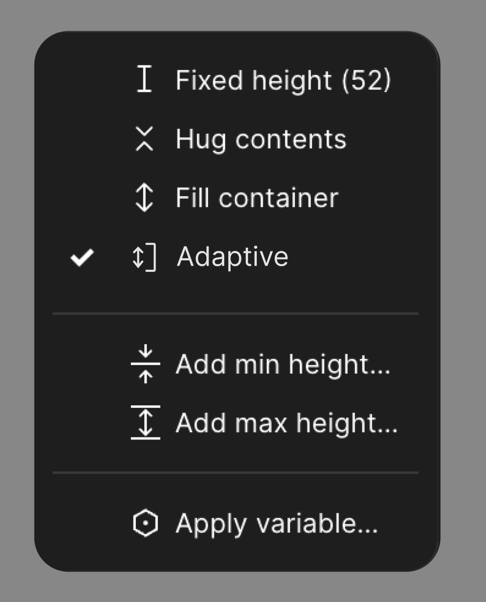 Figma, hear me out: Auto layout only offers Hug and Fill. It does not support a dynamic/adaptive Hug that switches between hugging its own content and filling available space based on how neighboring items grow. What’s needed is a smart Hug behavior that automatically toggles