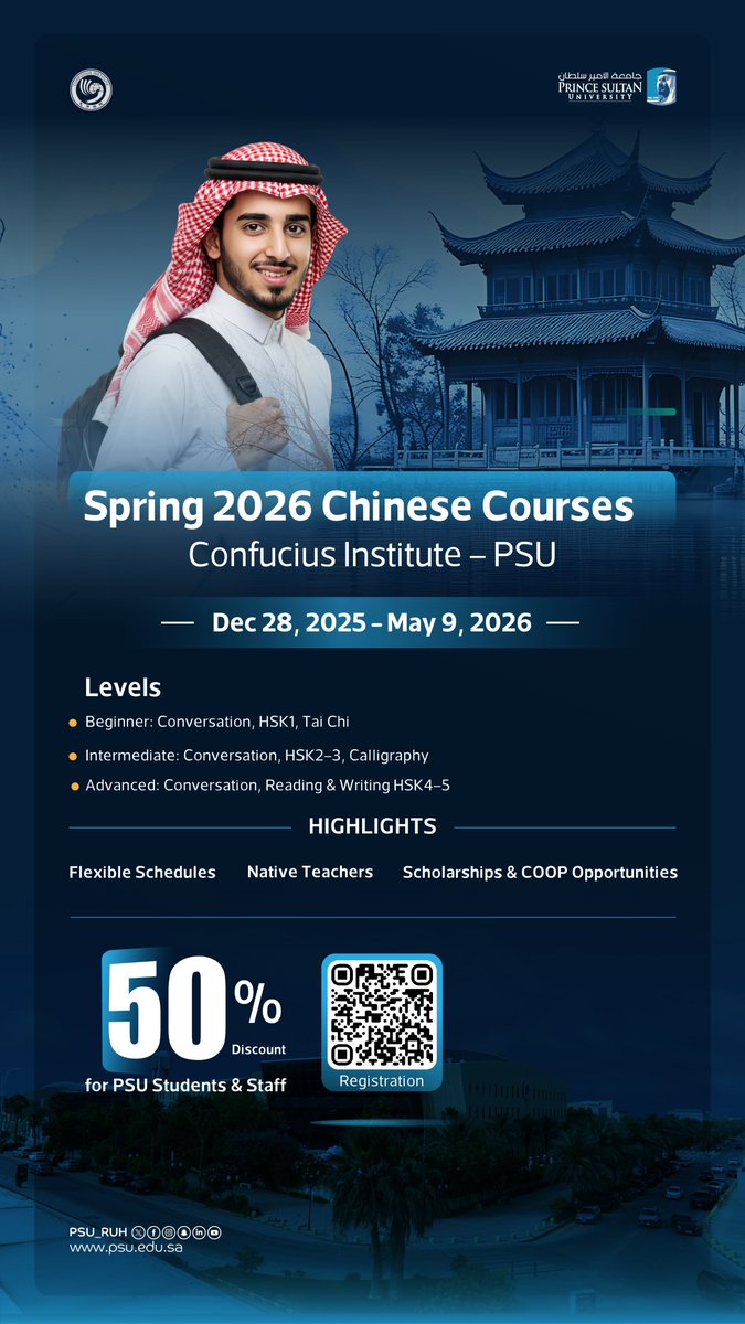 ciatpsu's tweet photo. 📣 Spring 2026 Chinese Courses are ready!
🗓️ Starting next Sunday
🎁 First week = FREE trial
Join us to learn Chinese language &amp; culture this semester!
#Chinese #LearnChinese #Spring2026#confucius_institute#PSU_RUH https://t.co/eo4LFNY9Hk