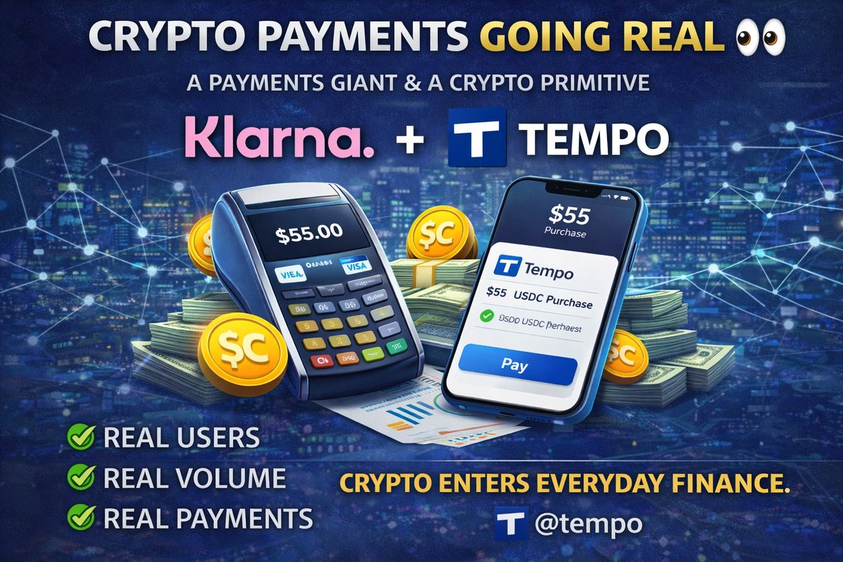 Another strong signal 👀

When a payments giant like <a href="/Klarna/">Klarna</a> says it’s “making crypto payments real” with <a href="/tempo/">Tempo</a>, it’s not hype — it’s execution.

Real users.
Real volume.
Real payments.
This is how crypto finally enters everyday finance.