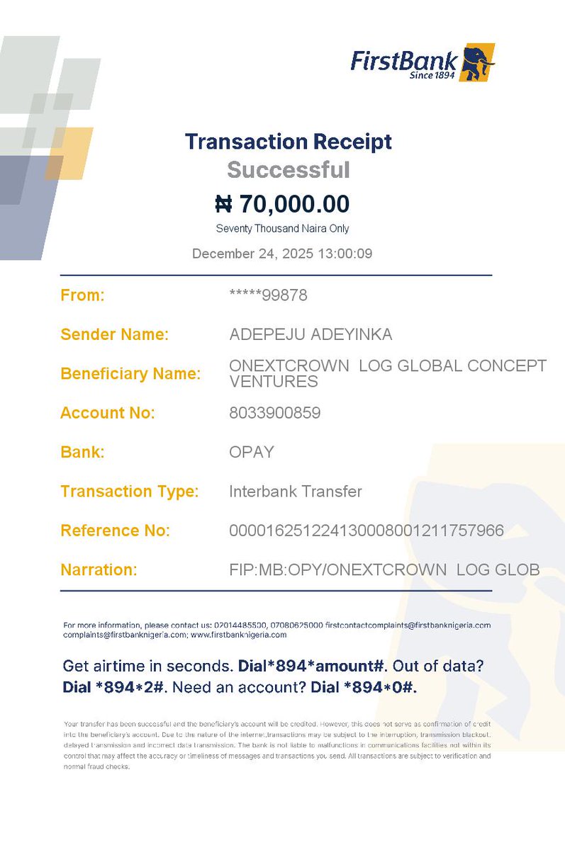 Nextcrown1's tweet photo. @FBN_help Dear Team, 
Please, we need confirmation on this pending outward  transfer with session id 000016251224130008001211757966   from  First Bank on 24th December amount 70,000
to Opay wallet 8033900859 .
Kindly treat urgent. https://t.co/g4rXV3rdcO