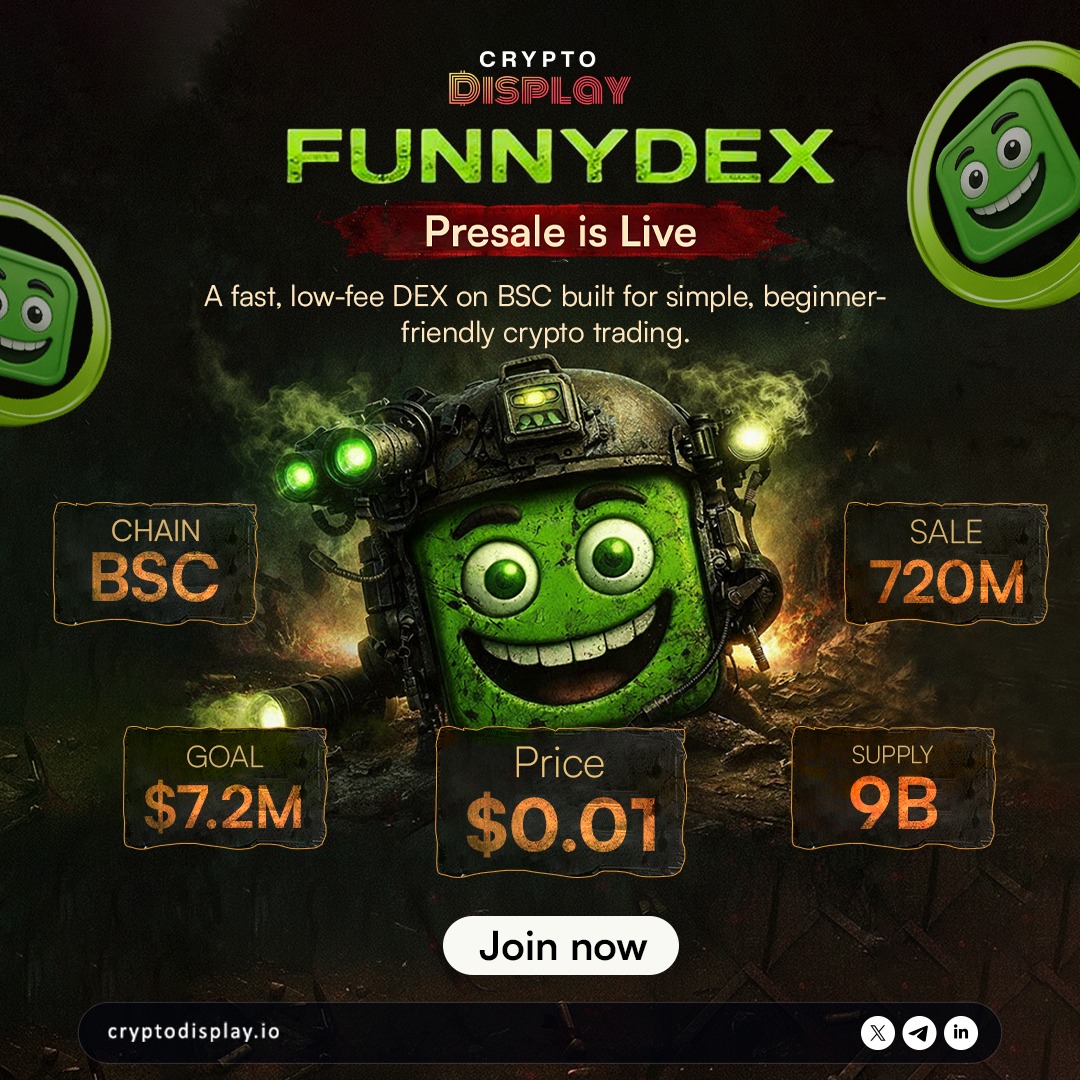 CryptoDisplayio's tweet photo. 🚀 FUNNYDEX Presale is LIVE!
A fast, low-fee DEX on BSC, built for simple & beginner-friendly crypto trading.
💰 Price: $0.01
📦 Supply: 9B
🎯 Goal: $7.2M
Join early 👉 https://t.co/40zWNBGNCW
#FUNNYDEX #CryptoPresale #BSC #DEX #Web3 https://t.co/KyEAwI6uMT