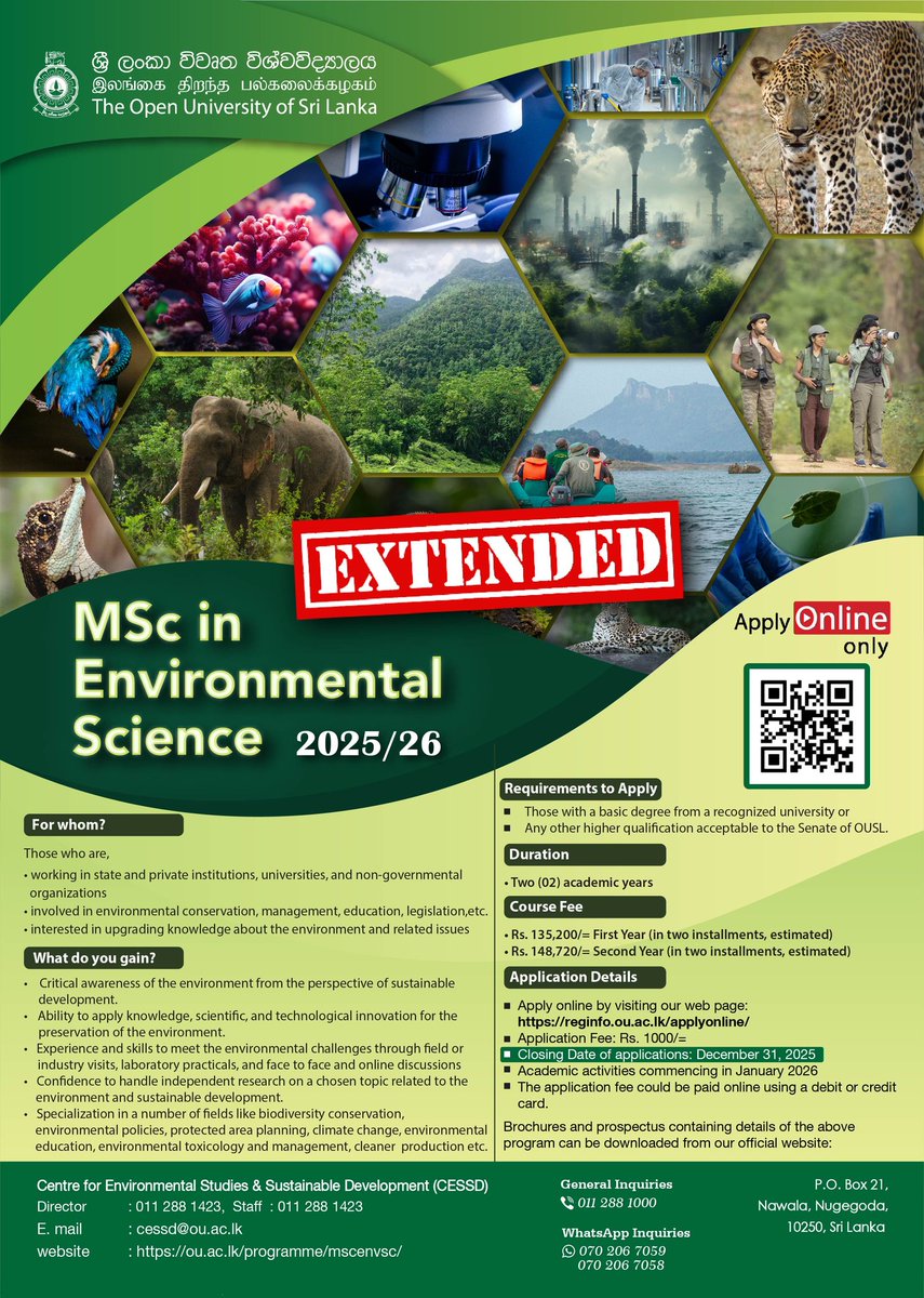 TheWalkerCeylon's tweet photo. 🌿 Master of Science in Environmental Science – 2025/2026 Intake Now
Open! 🌿
We are delighted to announce that applications are now open for the
prestigious MSc in Environmental Science (SLQF Level 10).
📅 IMPORTANT INFORMATION
Apply Now: https://t.co/EmvBvuhogA… [1] https://t.co/5yVTjHGlTO