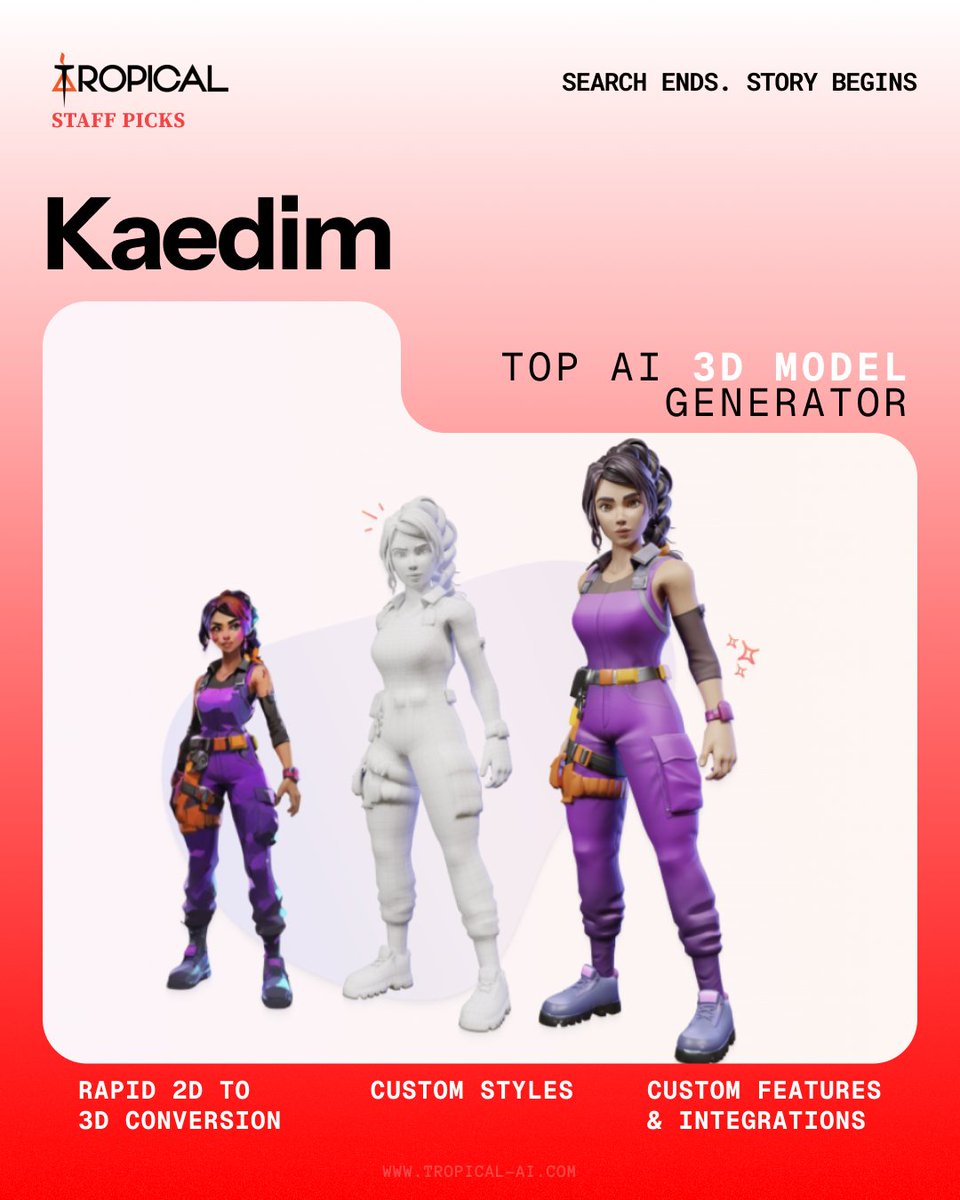 tropical_ai's tweet photo. One of the top AI tools for 3D model generation, @kaedim3d by @konstantinaps_ and Roman Bromidge
There is a right tool for all, and you shall find it on Tropical
#foundontropical #3D #aitools #3Dmodel #kaedim https://t.co/NmN3tquAUX