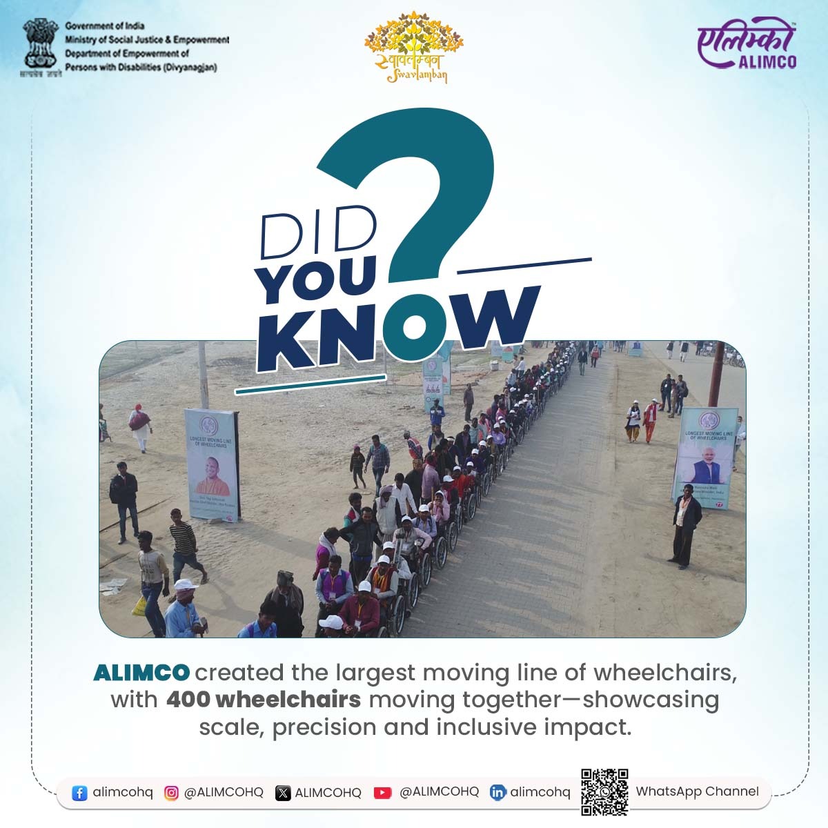 ALIMCOHQ's tweet image. A moment that captured scale, coordination and commitment.

This #GuinnessWorldRecord reflected #ALIMCO’s ability to deliver assistive solutions at unmatched reach—combining advanced manufacturing, skilled talent and state-of-the-art infrastructure. Backed by continuous
