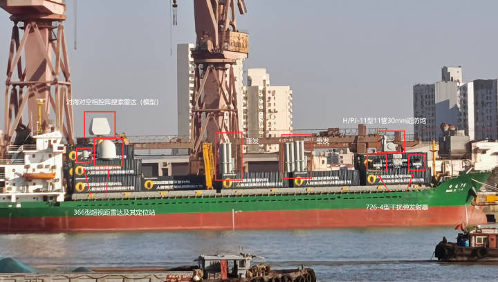 clashreport's tweet image. Unknown Chinese containership carrying containerized rotating AESA radar, VLS cells, CIWS, and rocket/decoy launchers.