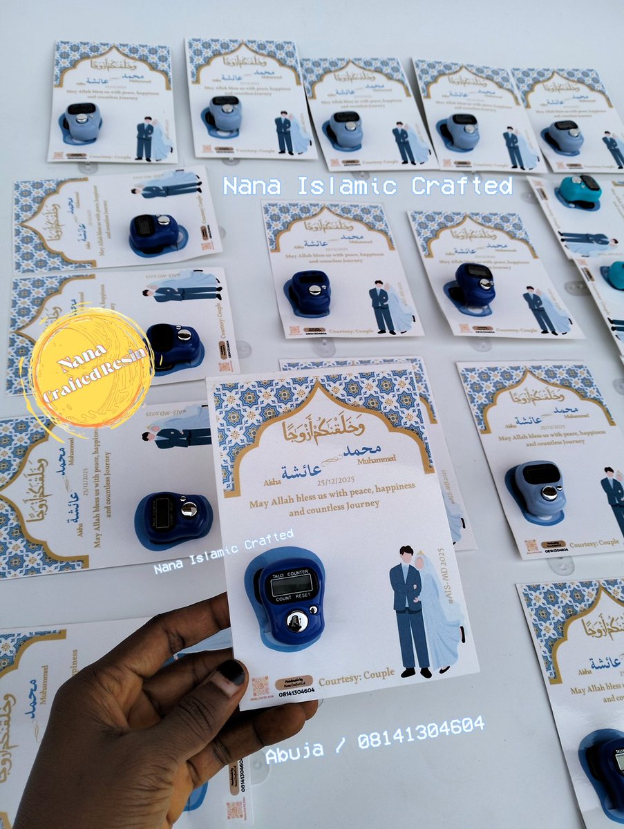 Nana_Crafted's tweet photo. Blue-themed nikaah details for Aisha &amp; Muhammed 💙
A calm card design paired with a dhikr counter (Tesbih) guests can actually use beyond the day.
Thoughtful. Meaningful. Timeless.
Custom nikaah counters &amp; cards available
📞 08141304604
#NikaahSouvenir #DhikrCounter #Tesbih https://t.co/GhZZsWXNNl