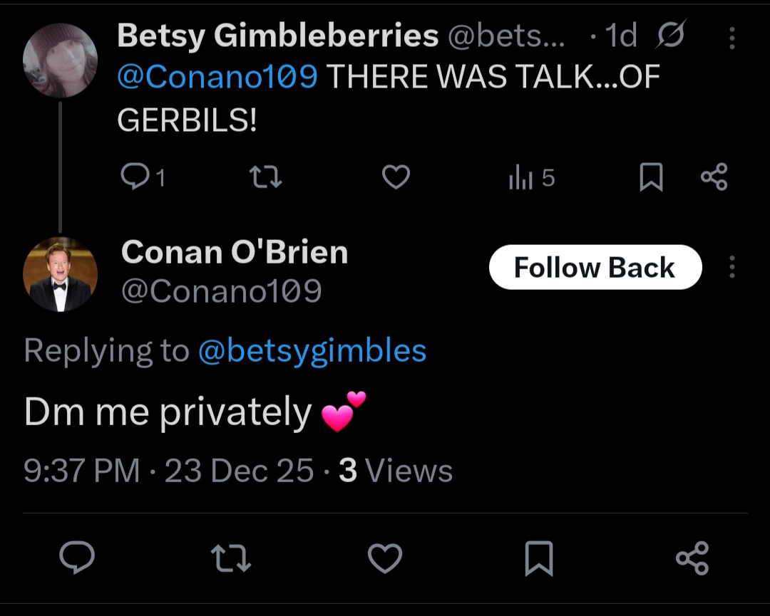 betsygimbles's tweet image. #ConanOBrien is hitting me up. Jealous much, #Twitter? 😏😏😏
